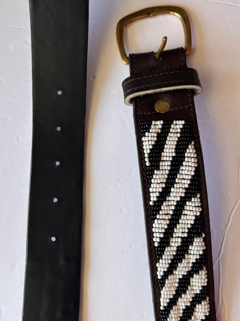 Beaded Zebra Print Brown Leather Belt 1.5